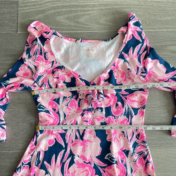 LILLY PULITZER STIRLING DRESS STYLE 001144 INKY NAVY FLAMINGLE XS RUFFLE A-LINE - Picture 13 of 14